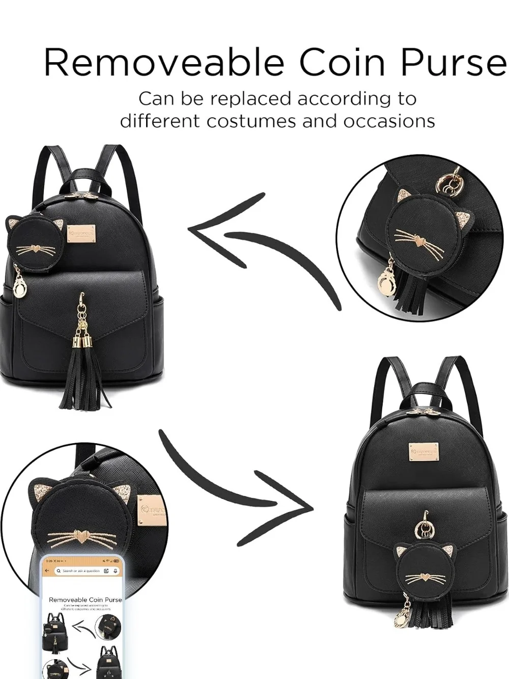 Black Cat Charm Mini Backpack - Women Bags